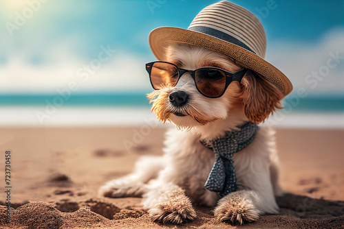 Cute havanese puppy dog with a straw hat and sunglasses lying on the sand of a beach with copy space, summer travel with a pet concept, generative AI