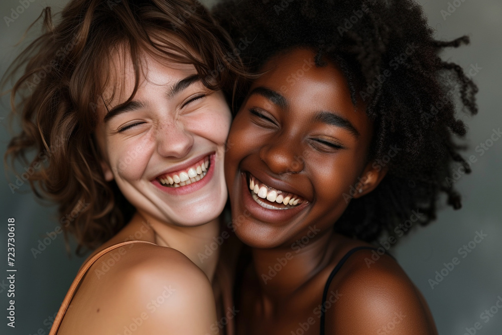 Two interracial best friends, a Caucasian and African American woman, laughing and having fun together in a studio against a solid background Two interracial best friends, a Caucasian and African American woman, laughing and having fun together in a studio against a solid background