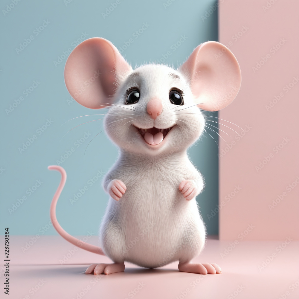 3D rendering of an adorable kawaii furry smiling standing mice or mouse looking very happy for joy. pastel color background.