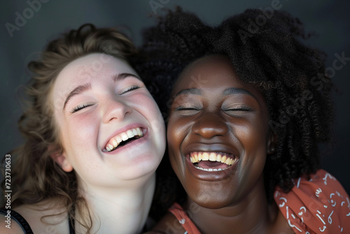 Two interracial best friends, a Caucasian and African American woman, laughing and having fun together in a studio against a solid background