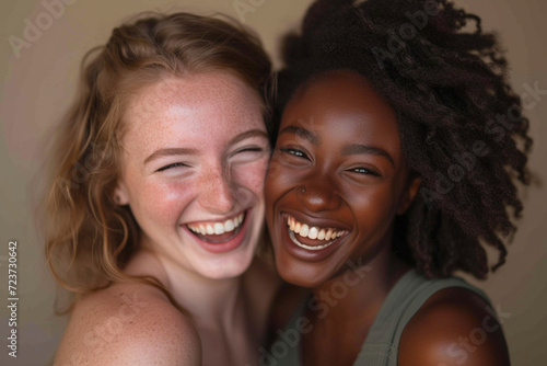 Two interracial best friends, a Caucasian and African American woman, laughing and having fun together in a studio against a solid background