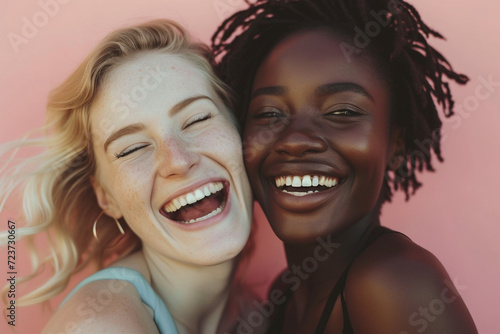 Two interracial best friends, a Caucasian and African American woman, laughing and having fun together in a studio against a solid background