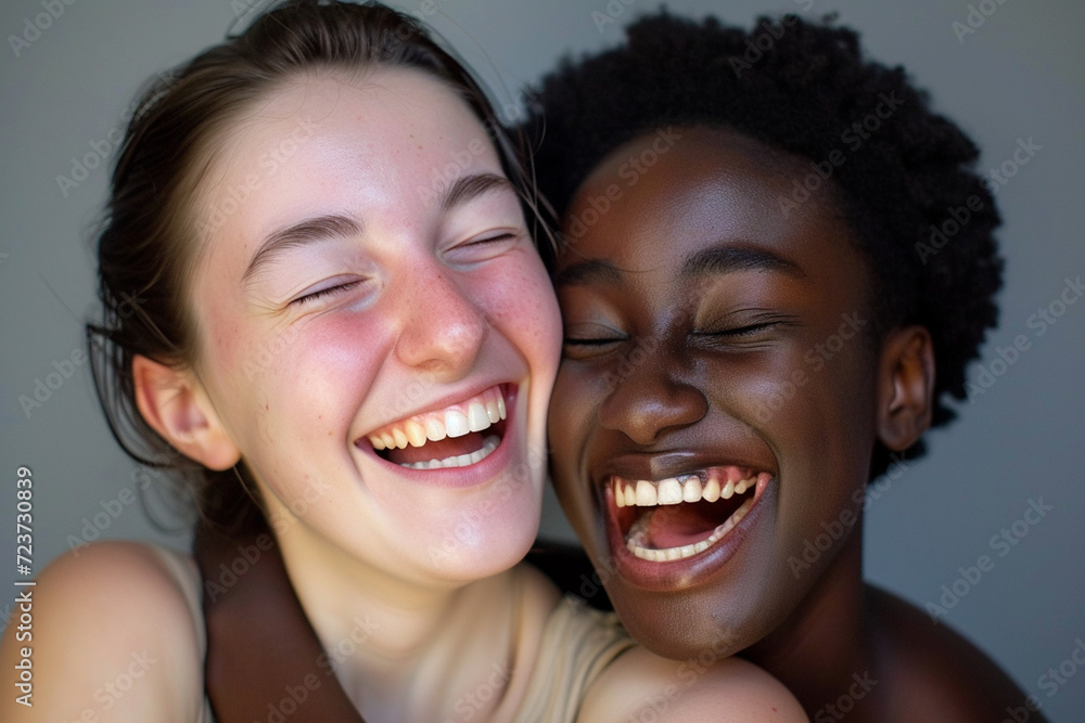 Two interracial best friends, a Caucasian and African American woman, laughing and having fun together in a studio against a solid background Two interracial best friends, a Caucasian and African American woman, laughing and having fun together in a studio against a solid background