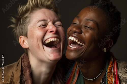 Two interracial best friends, a Caucasian and African American woman, laughing and having fun together in a studio against a solid background © Moritz
