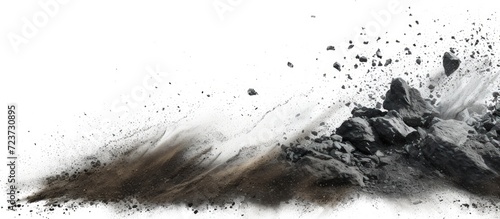 Canvas Print Falling rock fragments erupt with dust splashes from erupting mountain cliffs