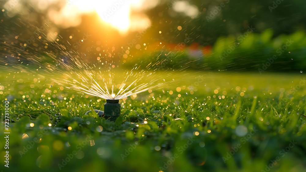 Automatic sprinkler system watering grass on green grass background. - obrazy, fototapety, plakaty 