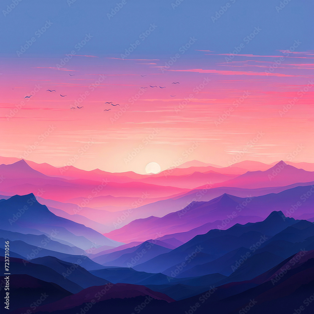 Pre-dawn mountains painted purple by rising sun, beautiful landscape