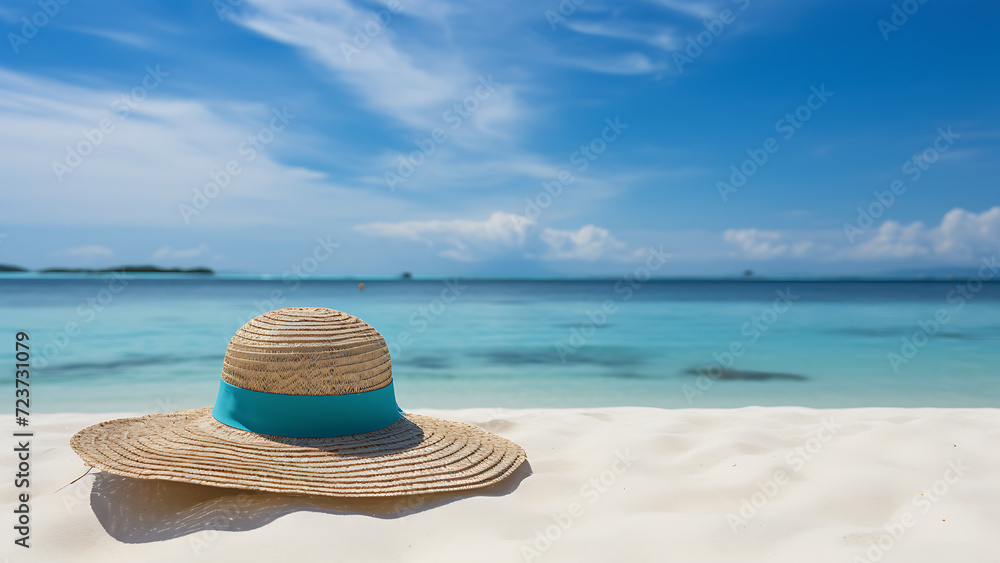 Straw hat on the beach. Beach holiday concept. - obrazy, fototapety, plakaty 