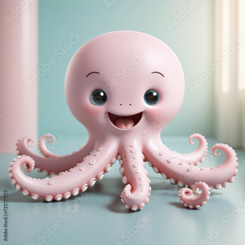 Cute 3D render smiley octopus cartoon illustration in animation style isolated pastel color