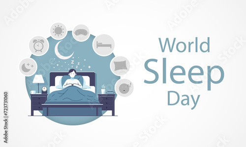 World Sleep Day is an annual event celebrated each year in March. This is an opportunity to stop and think about your sleeping habits, consider how much they impact your well-being. Vector art