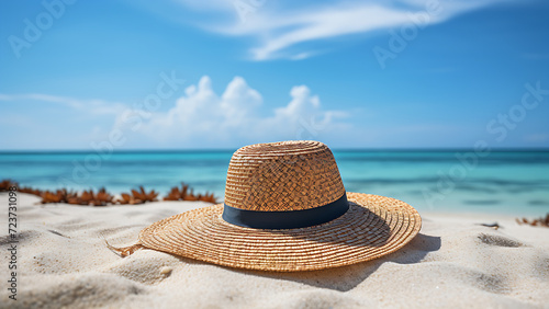 Straw hat on the beach. Beach holiday concept.