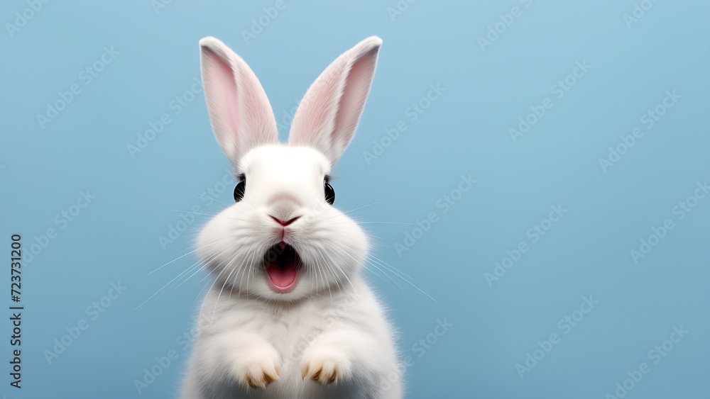 Obraz premium A white cute rabbit smiling on a blue background.