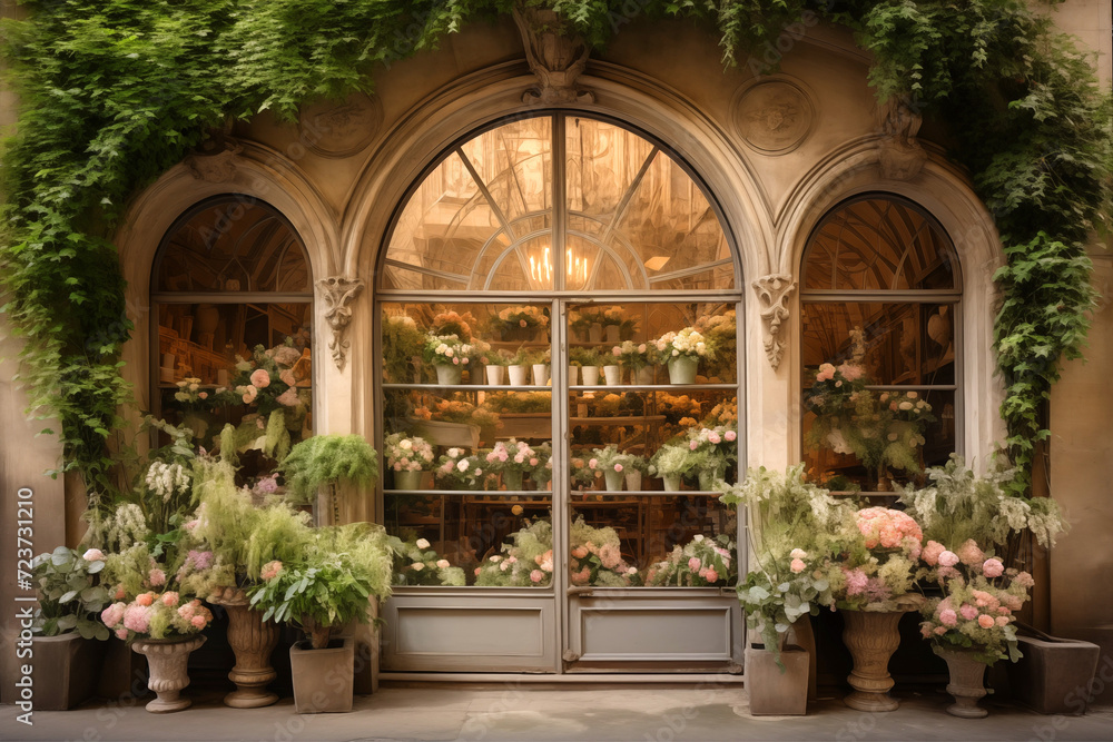 Romantic flower shop window with arches windows