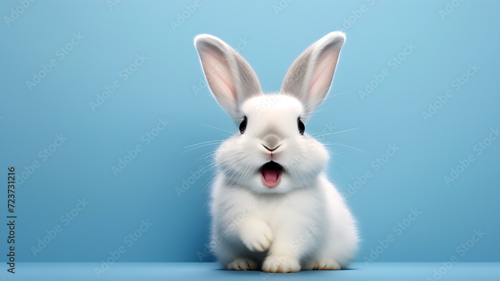 A white cute rabbit smiling on a blue background. A white cute rabbit smiling on a blue background.
