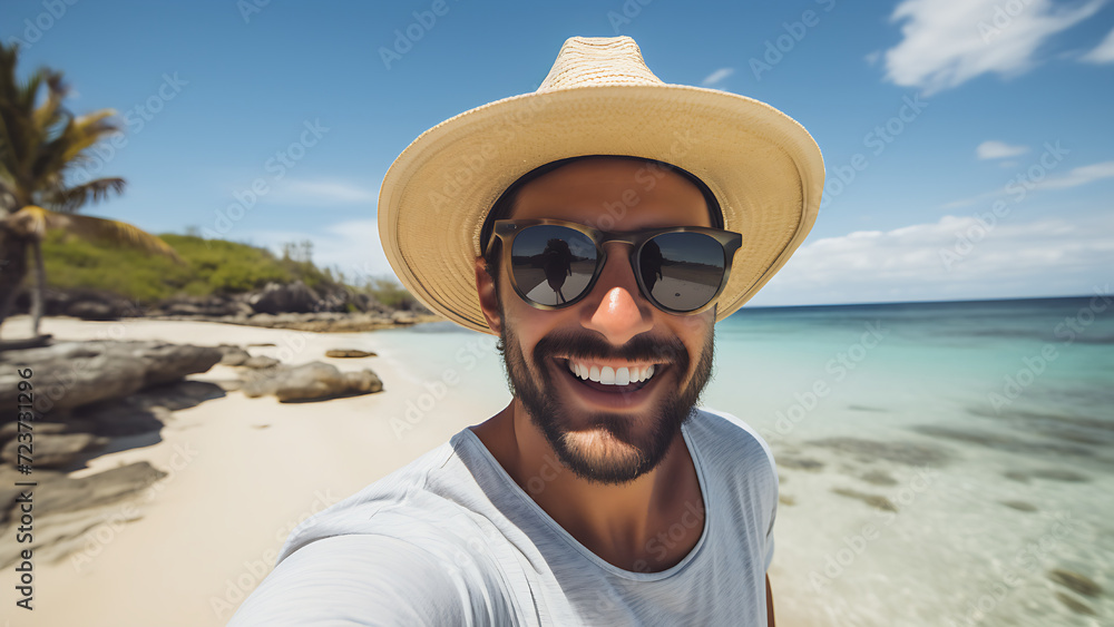 a happy man on holiday at the beach wearing a straw hat.