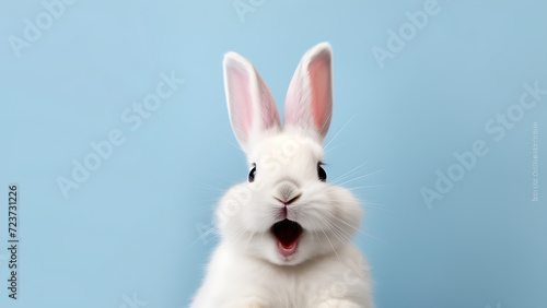 A white cute rabbit smiling on a blue background. © Art.disini