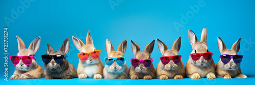Row of cute bunnies wearing colorful sunglasses, funny animal, fun and cool pet Easter panoramic web banner