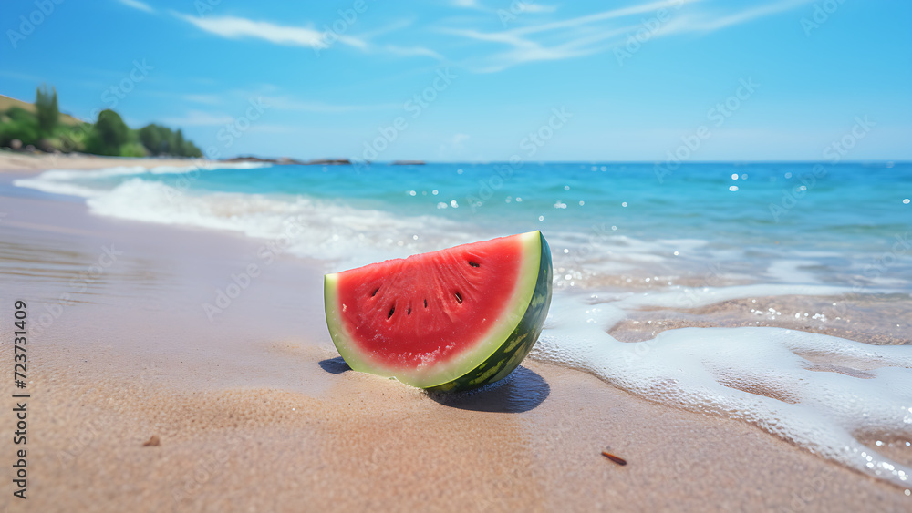 Watermelon on sandy beach, beautiful sea background. Watermelon on sandy beach, beautiful sea background.