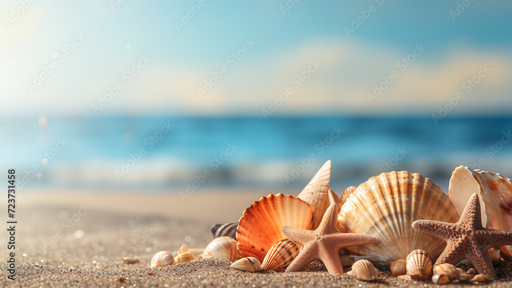 Sea shells and starfish on blue sea background. Sea shells and starfish on blue sea background.