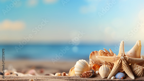 Sea shells and starfish on blue sea background.