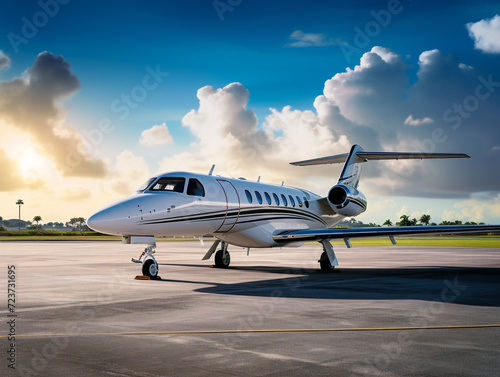 A sleek private jet basking in the sunlight, getting ready for takeoff on a clear day.