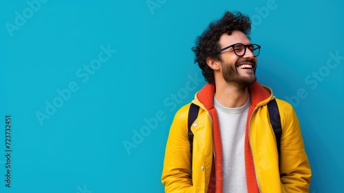 A bold and dynamic image featuring a cheerful 27-year-old design student with a colorful background, leaving ample copy space