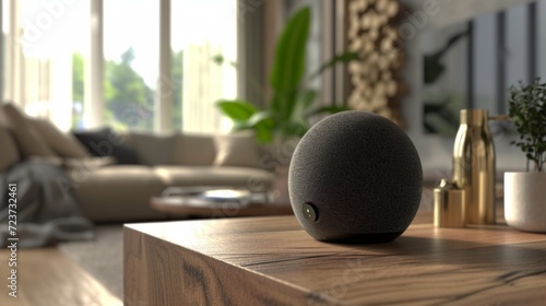 A voice-controlled smart speaker with built-in voice recognition, emphasizing the convenience and security of biometric authentication in smart home devices.