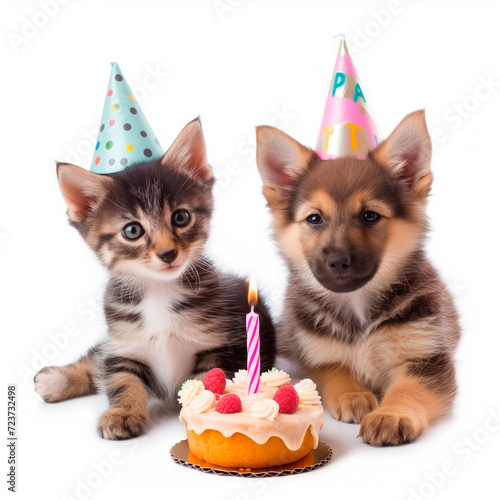 Cat and dog in party hats with birthday cake, celebrating pet birthdays concept.