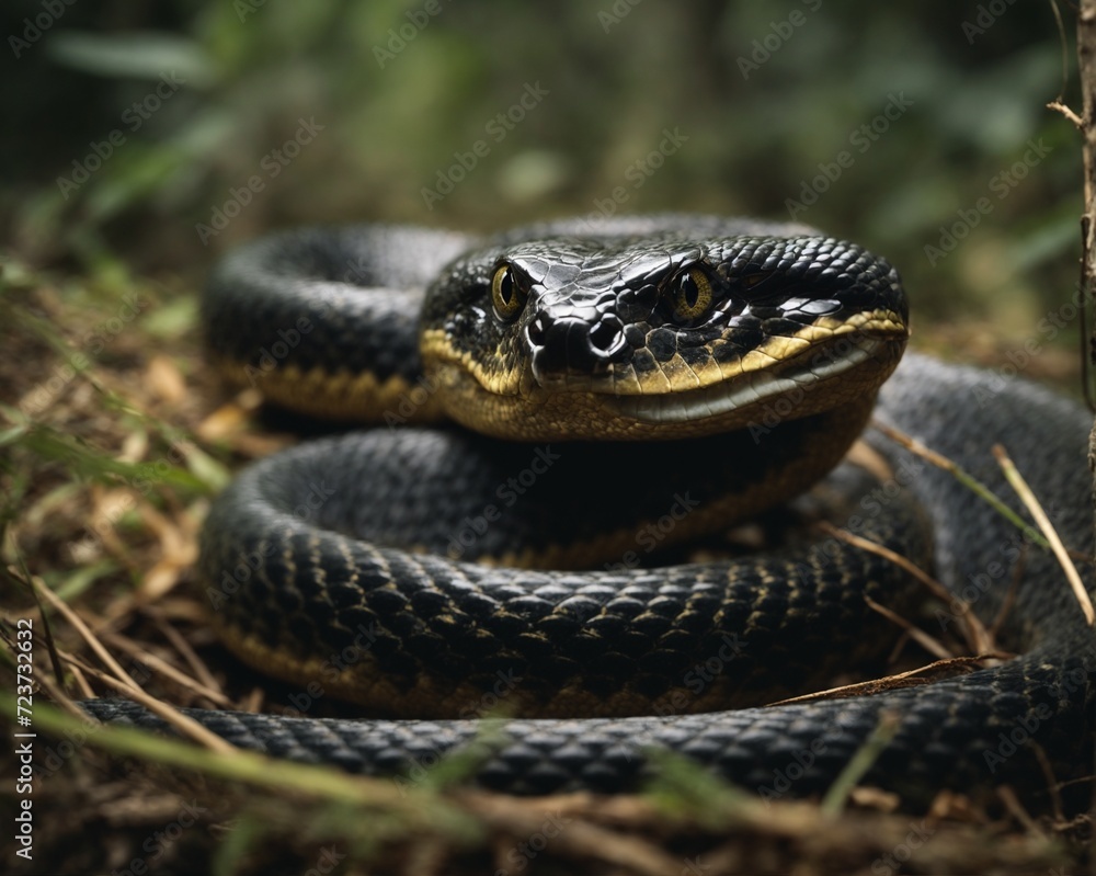 A coiled cobra, poised to strike, glares menacingly at its prey with its hypnotic, unblinking eyes. A coiled cobra, poised to strike, glares menacingly at its prey with its hypnotic, unblinking eyes.