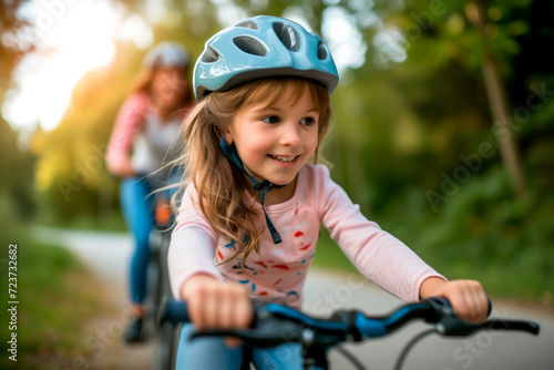 Joyful child learning to ride a bike with her mother's guidance, a moment of happiness and family bonding in the park.