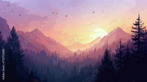 Vector illustration of sunrise painting the majestic mountains