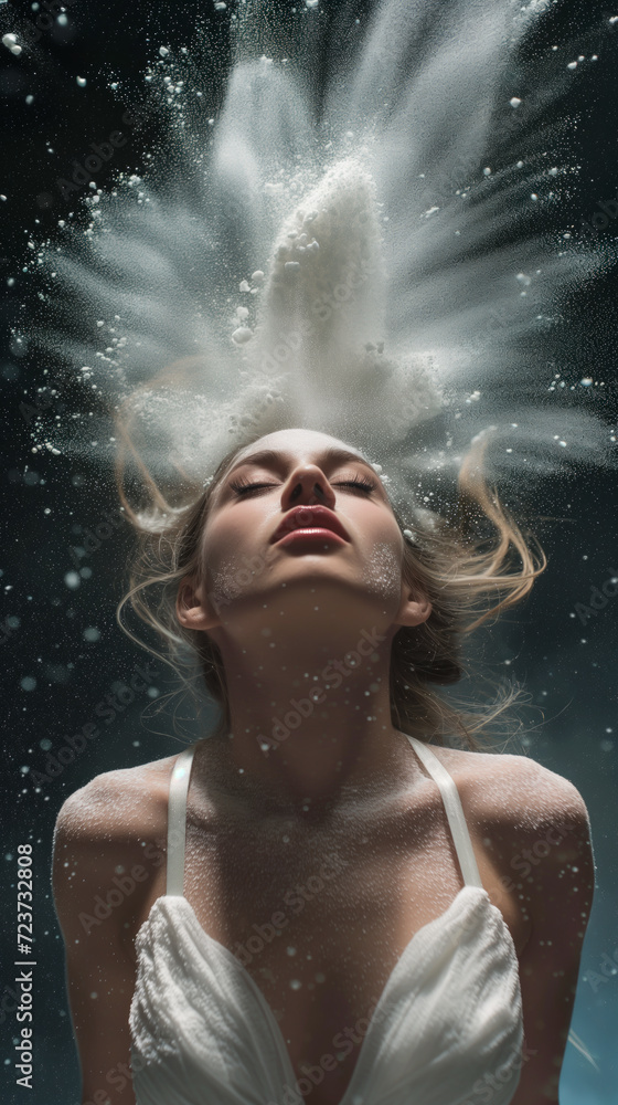 Obraz premium Ethereal woman in white, hair and powder erupting upwards, embodying freedom and sensuality in an artistic, elegant portrait.
