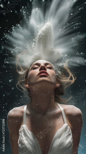 Ethereal woman in white  hair and powder erupting upwards  embodying freedom and sensuality in an artistic  elegant portrait. 