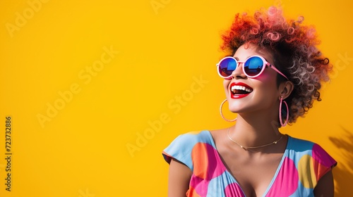 A vibrant and cheerful photo showcasing a 27-year-old design student, exuding positivity against a bold colored backdrop
