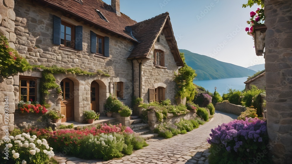 english country house in Europe village , beautiful fantasy view, fairy tail 