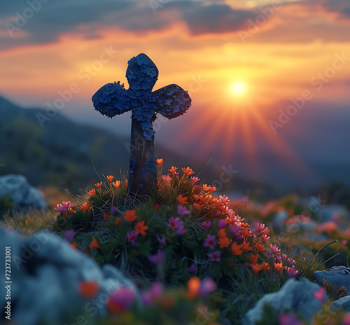 Una hermosa cruz en vuelta de de flores sobe top de una montana al estilo de pascua  photo
