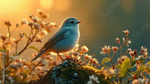 sfondo o wallpaper di uccellino su un ramo con luce calda del sole ed effetti bokeh, senso di pace e calma, dolcezza infinita,  photo