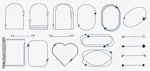 Set minimalist line frames and elements twinkle stars, circle and heart in trendy retro style. Y2k. Border. For wedding, invitation, template design, greeting card, social media, banner, poster.