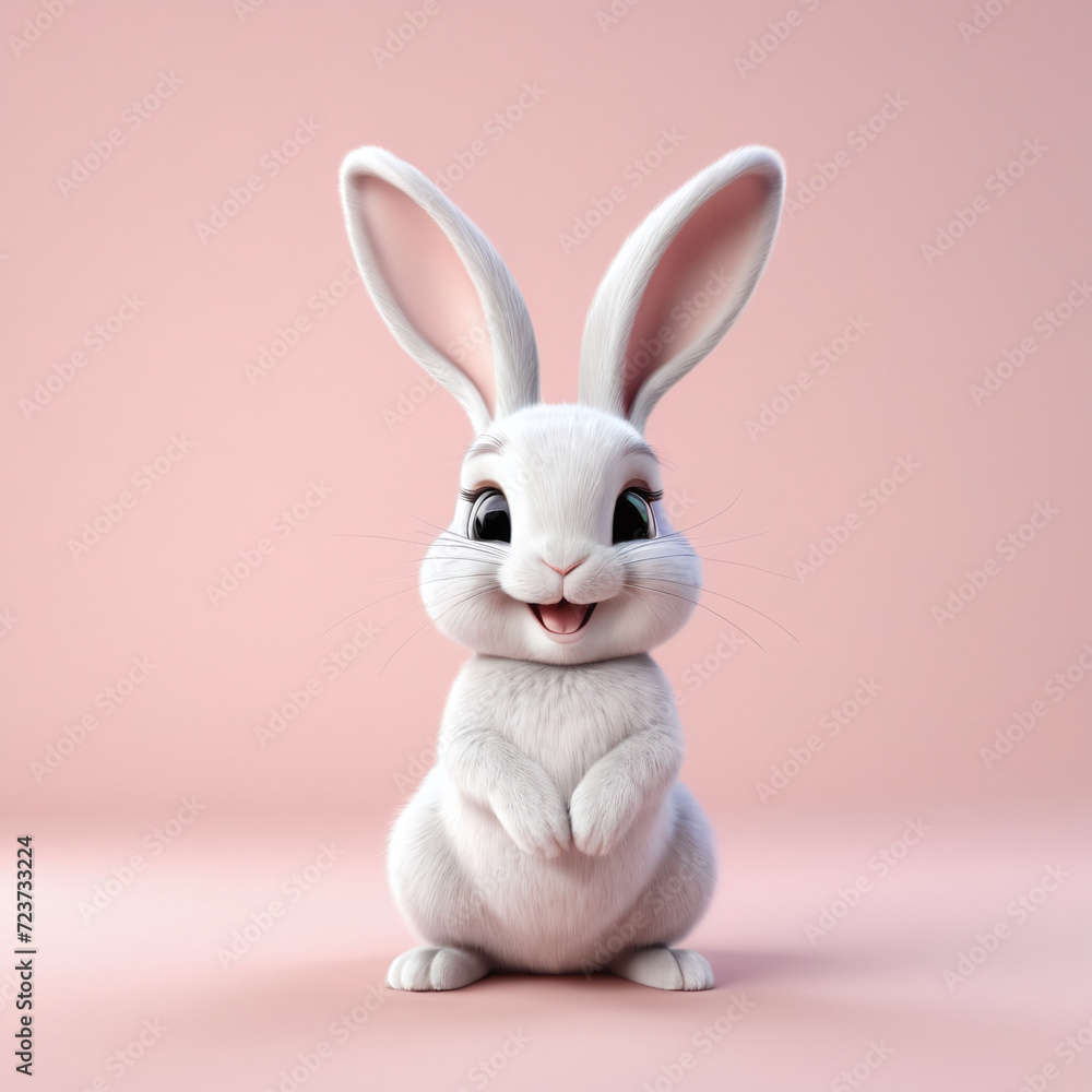 Obraz premium A charming 3D render of a standing rabbit bunny on white pastel color background in the form of an cute adorable and lovable cartoon character