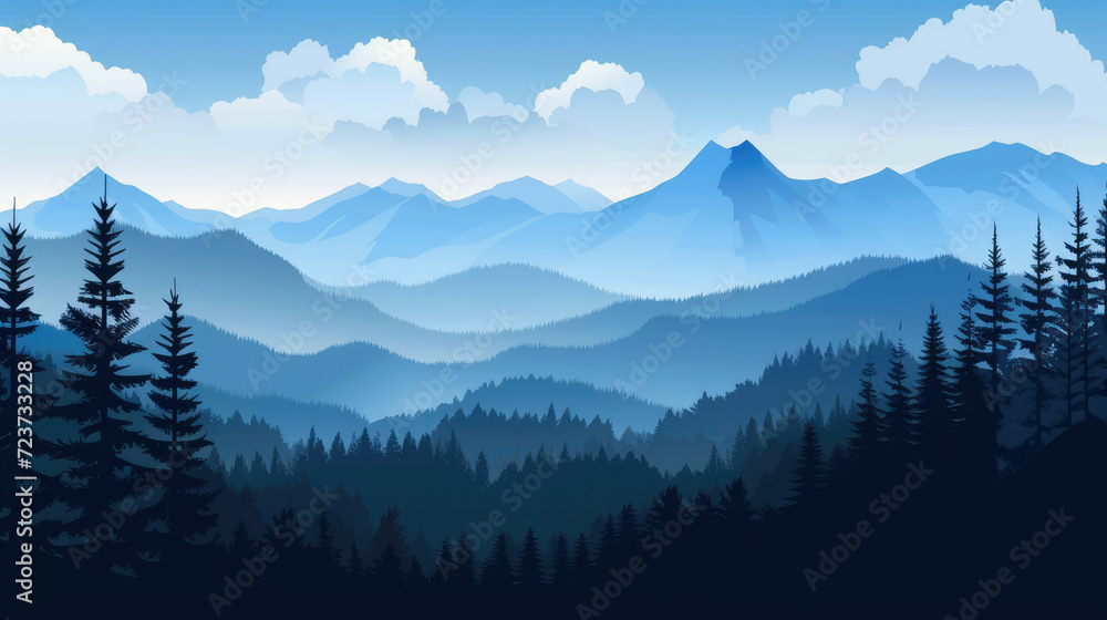 Serene Mountain Scenery Depicted in a Flat 2D Illustration