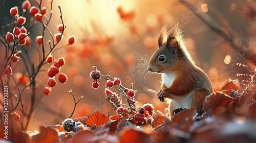 wallpaper di dolce animaletto nei colori del tramonto, primo piano di scoiattolo tra bacche rosse photo