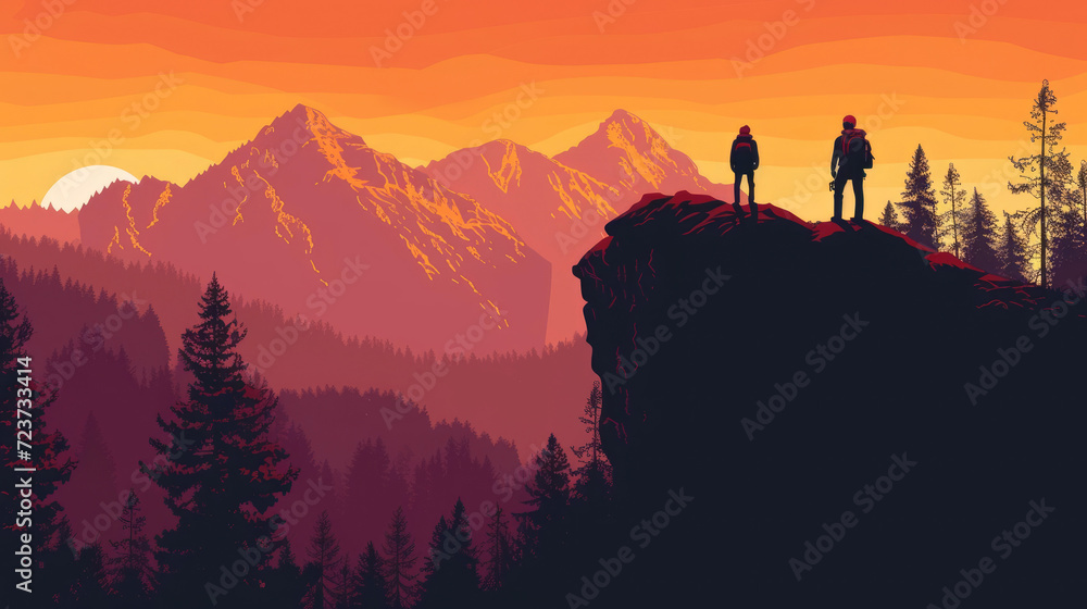 Panoramic Wonder, Illustration Highlighting Harmony of Mountain Landscape & Hiker