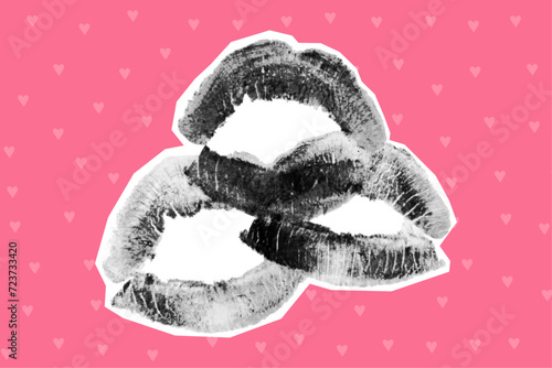 Three lip prints in halftone style, cute collage girly element. Stickers cut out from a magazine in the style of 00x, Y2K on a pink background.