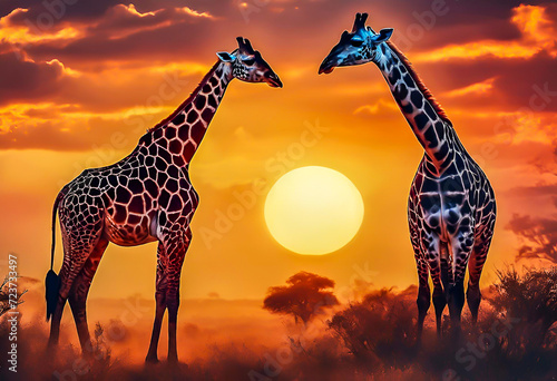 Two giraffes standing together and Acacia trees while the sun sets behind them in silhouette on Safari in Africa