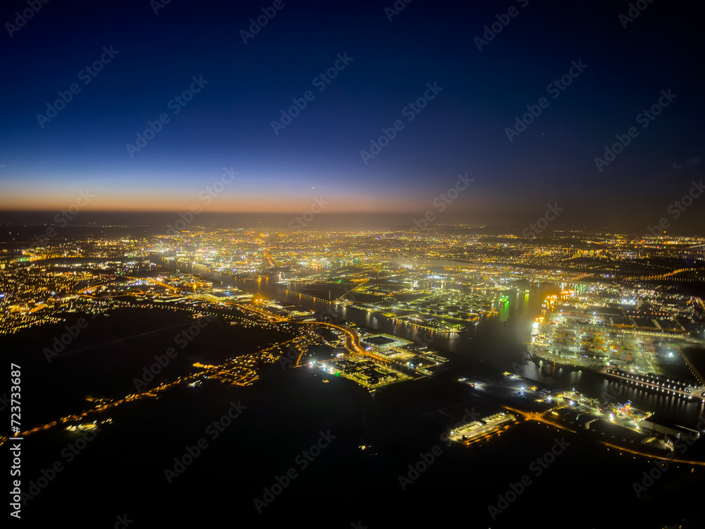 Night image of Amsterdam harbour, port district seen from above