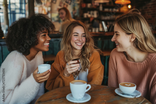 female friends having a coffee together. Three women at cafe, talking, laughing and enjoying their time