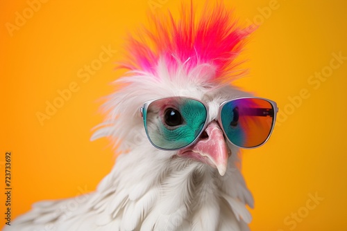 A chic white chicken accessorized with black rimmed glasses posing in front of a bold, colorful background