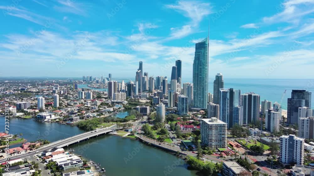 Gold Coast, Australia: Aerial view of skyscraper skyline of famous resort city on east coast of Queensland, Nerang River Gold Coast, Australia: Aerial view of skyscraper skyline of famous resort city on east coast of Queensland, Nerang River