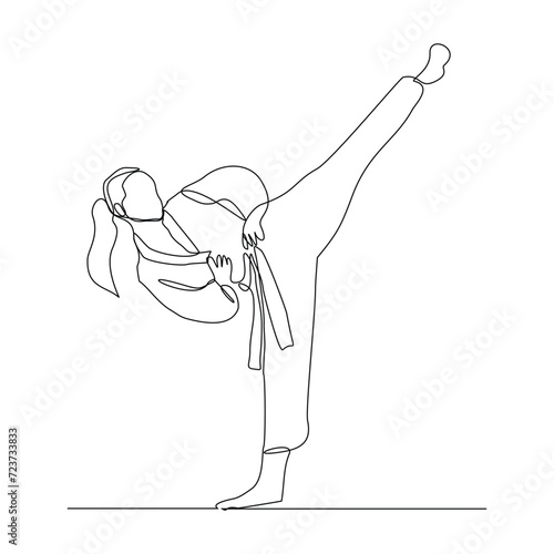 Continuous single line sketch drawing of young woman confident karateka in kimono practicing karate kick combat. One line traditional martial art sport training concept Vector illustration