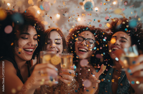 The girls are happily participating in the year-end party with wine and confettis